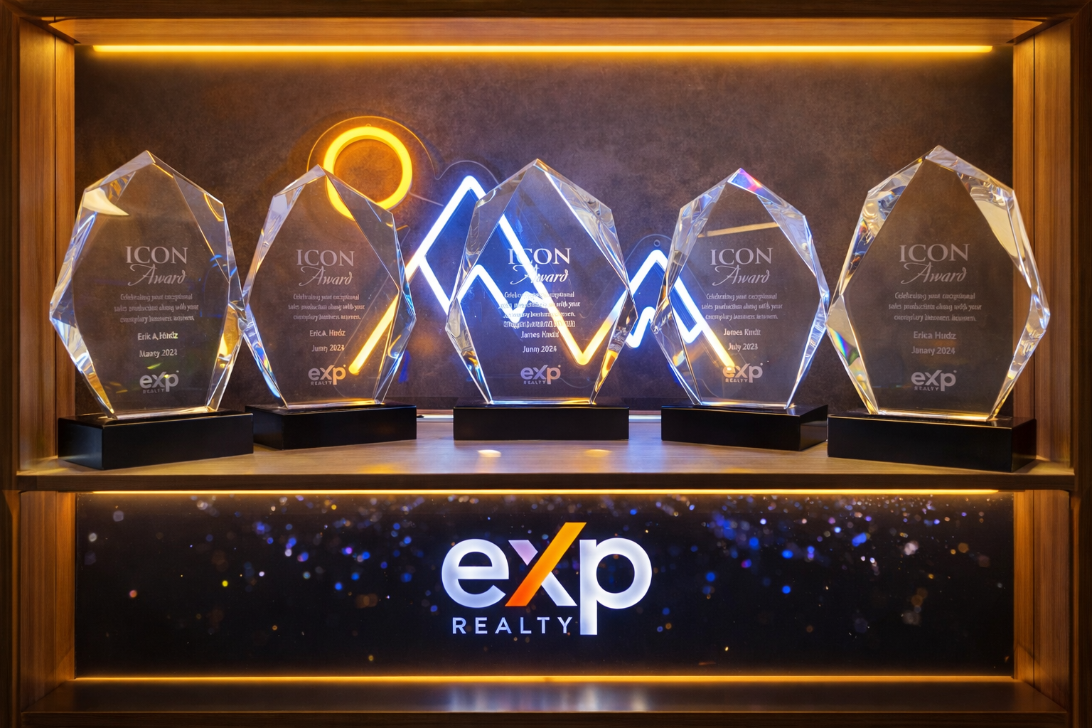 A display of five EXP Icon Awards awarded to Mogul Realty Group
