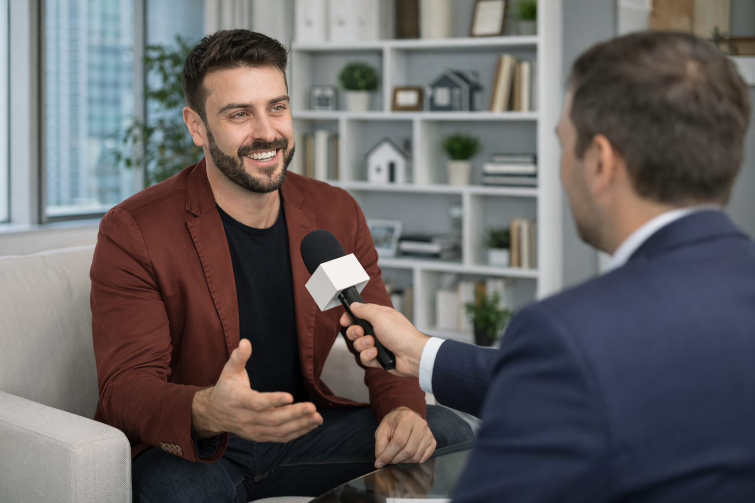 A man giving an interview to a reporter in an office