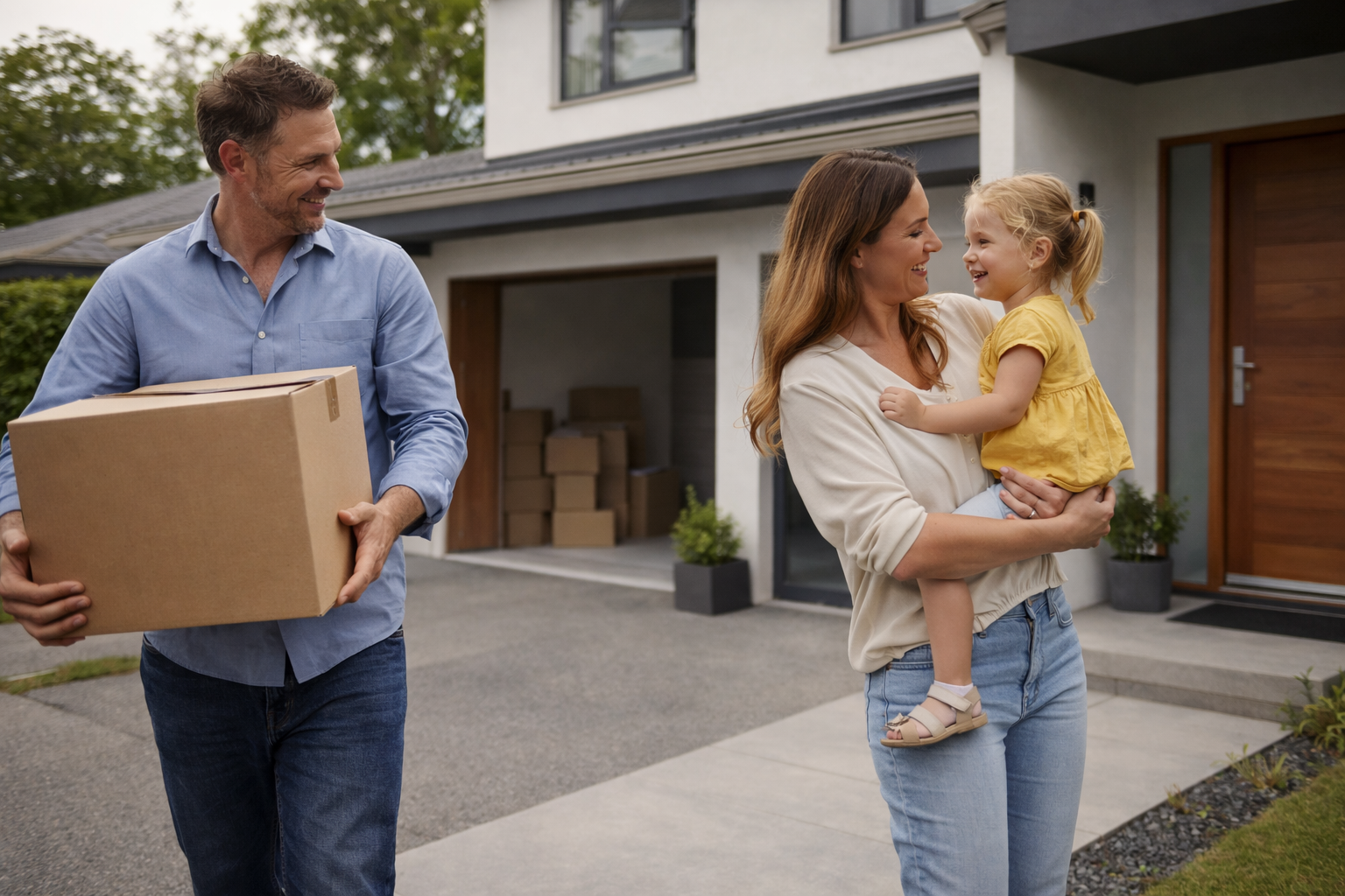 A happy family is moving into a new house. A man is carrying a box. A woman is carrying a 3 year old girl.