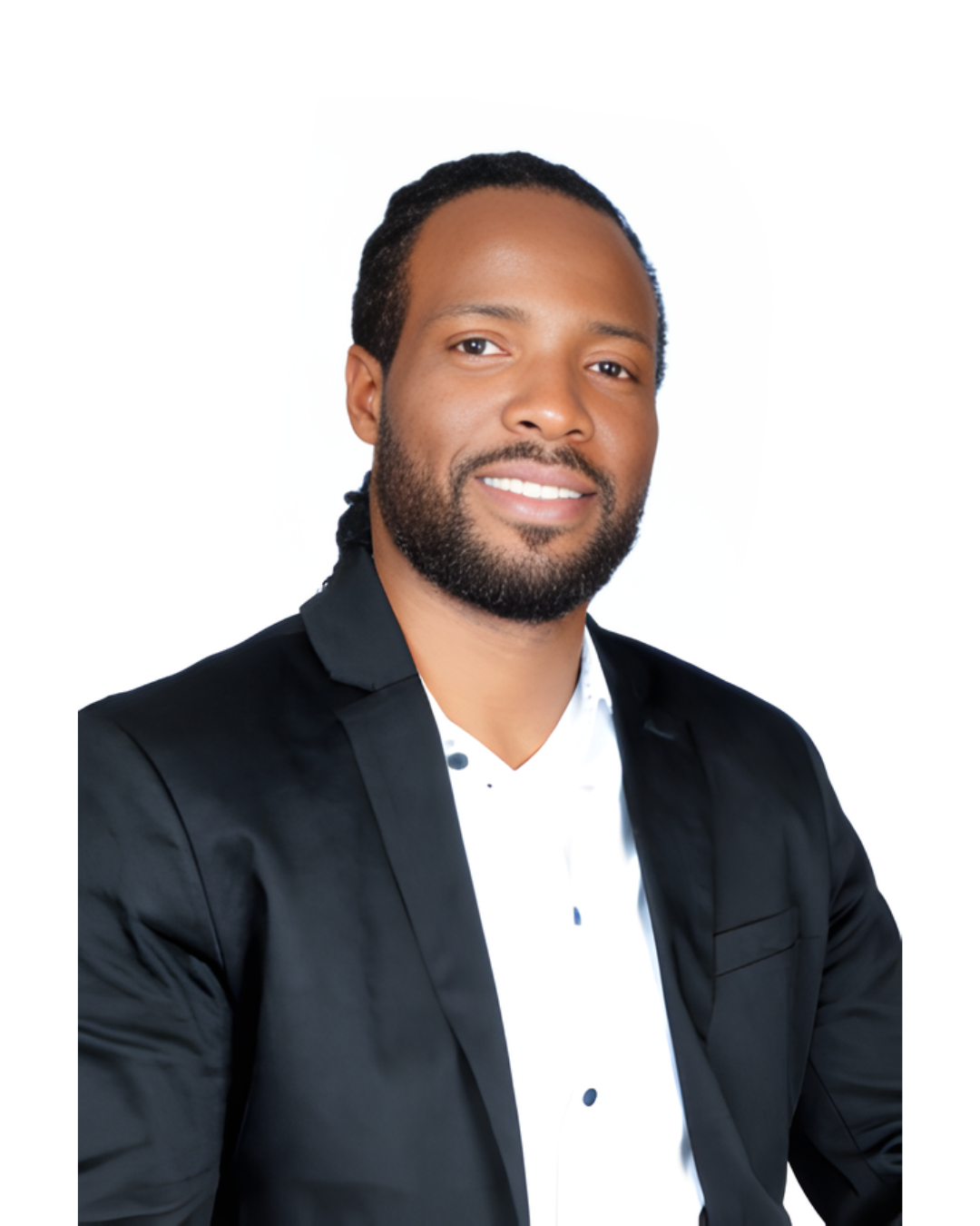 Professional headshot of a man with a beard and long hair, wearing a black blazer and white shirt, smiling against a white background.