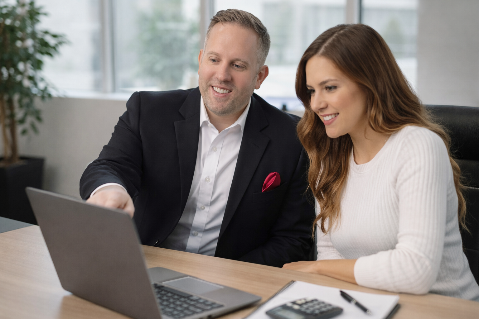 A relator helping his client, sitting in front of a laptop