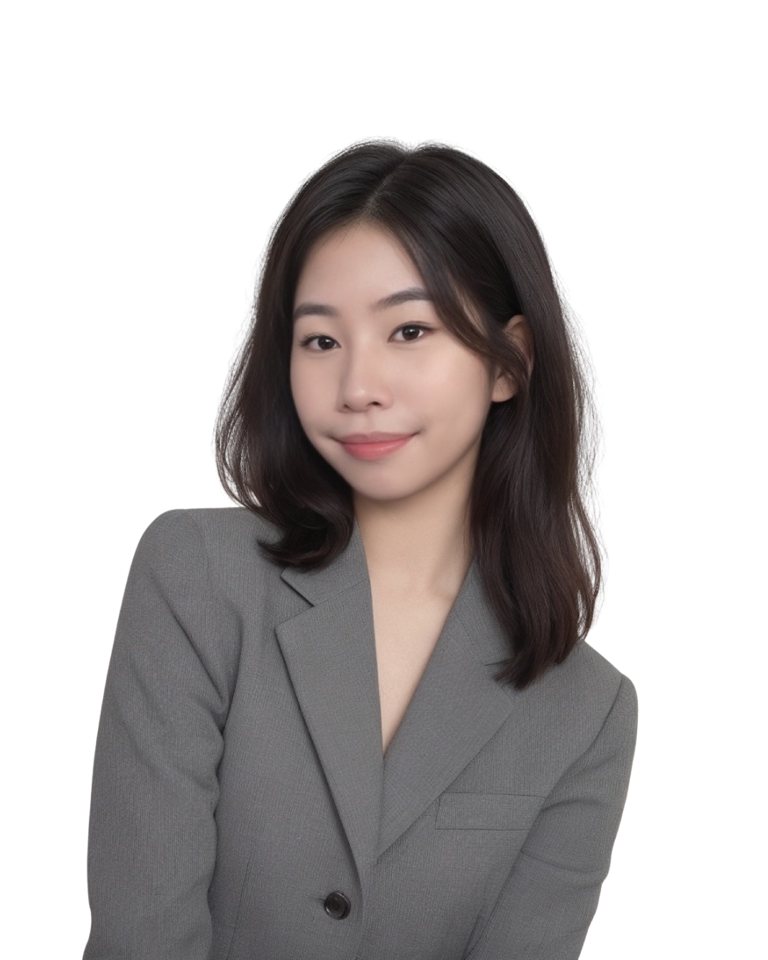 Portrait of a young Asian woman with dark, shoulder-length hair, wearing a gray blazer, smiling gently against a plain white background.
