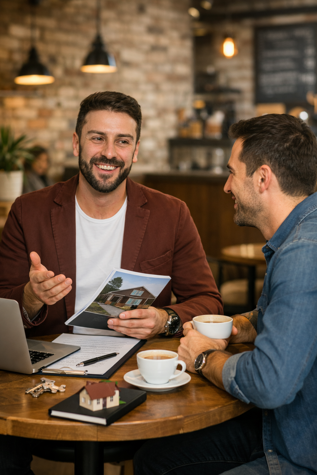 Two men are sitting at a wooden table in a coffee shop, talking and smiling. One man is holding a brochure with a house picture. They have cups of coffee on the table, with a small model house, keys, and a notebook nearby.