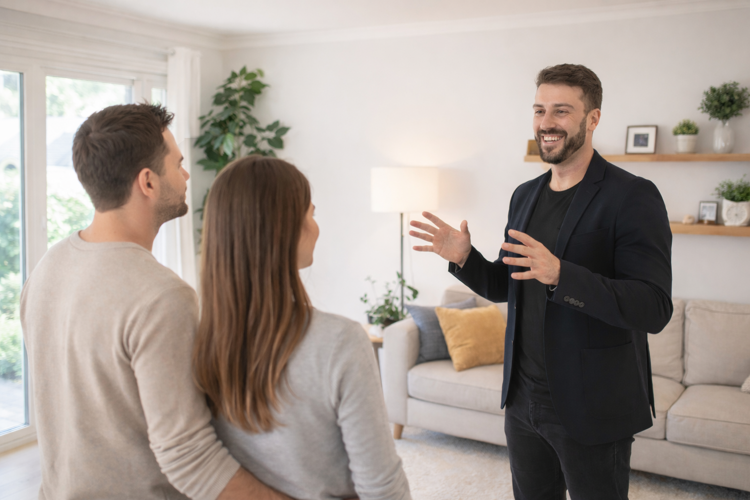 A realtor man giving a couple a consultation in their home on how to best sell it