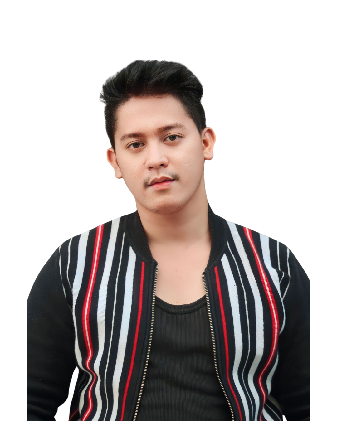 A young man with dark, styled hair, wearing a black shirt and a black jacket with red, white, and gray vertical stripes, looking at the camera against a plain white background.