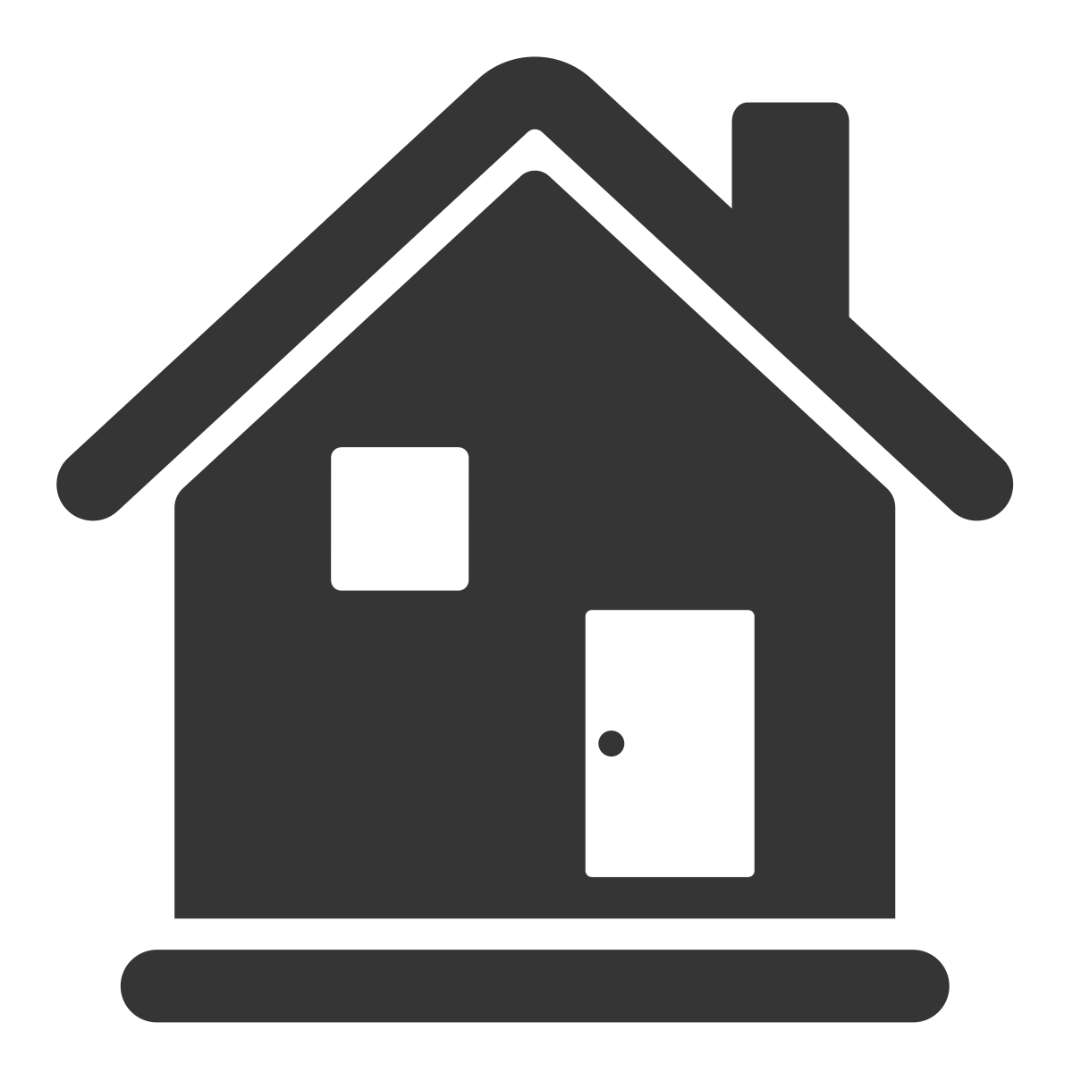 Simplified black house icon with a pitched roof, chimney, two windows, and a door.