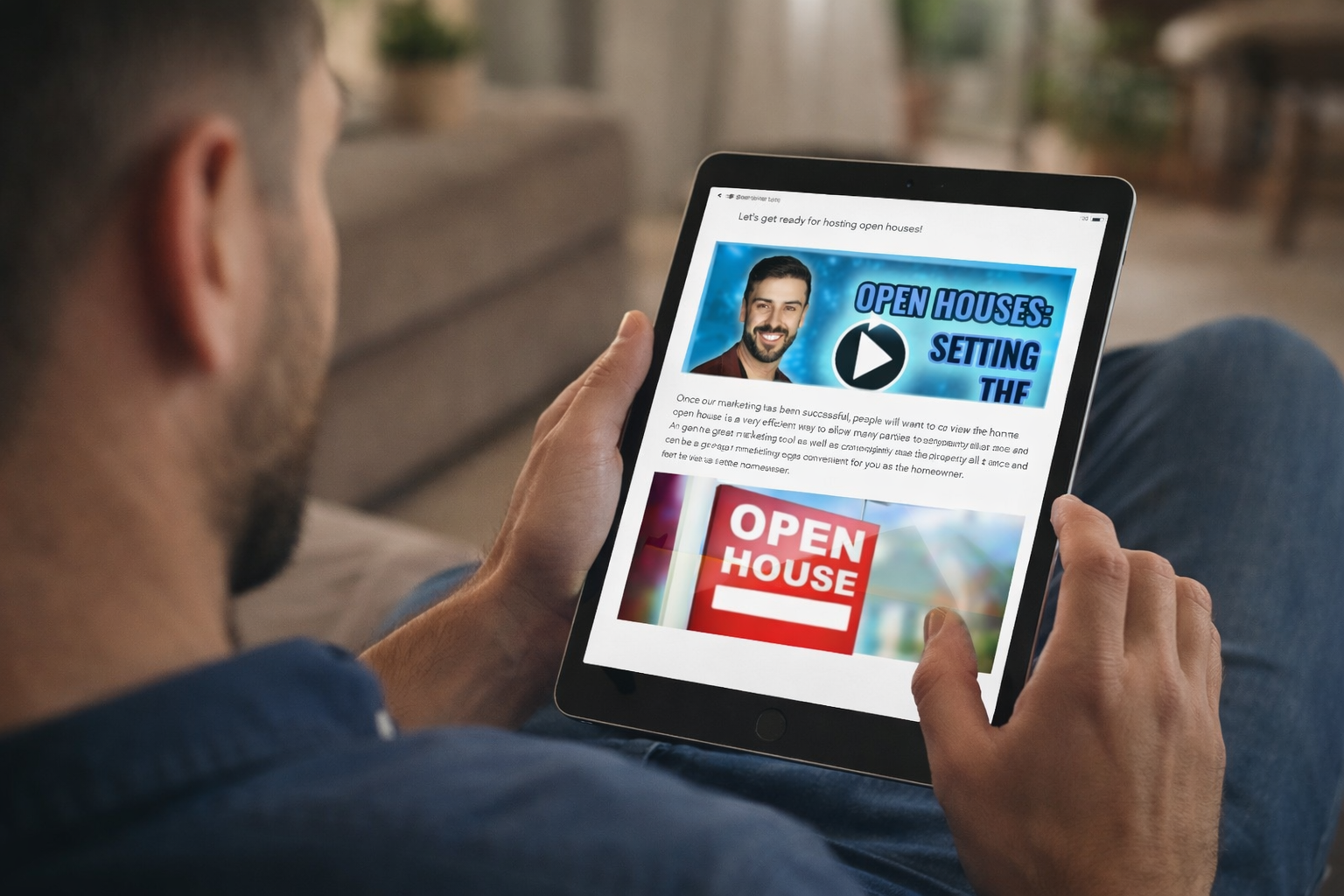 A man scrolling on his iPad and reading Mogul Seller's Guide