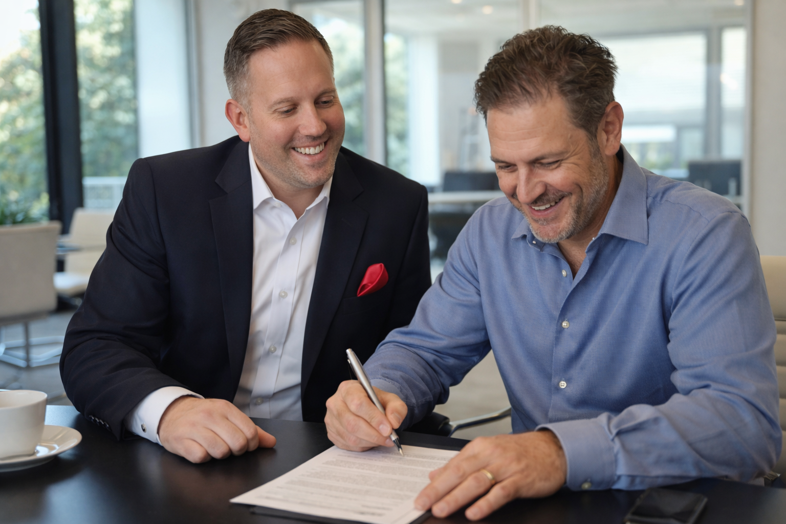 A smiling realtor and a smiling client are signing a contract in a modern office