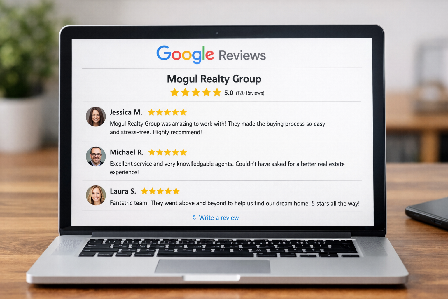A laptop with 5 Star Google Reviews of Mogul Realty Group