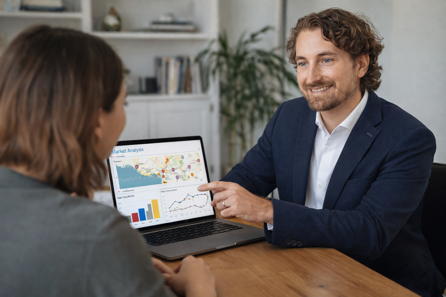 A realtor man showing market analysis on a laptop to a client woman