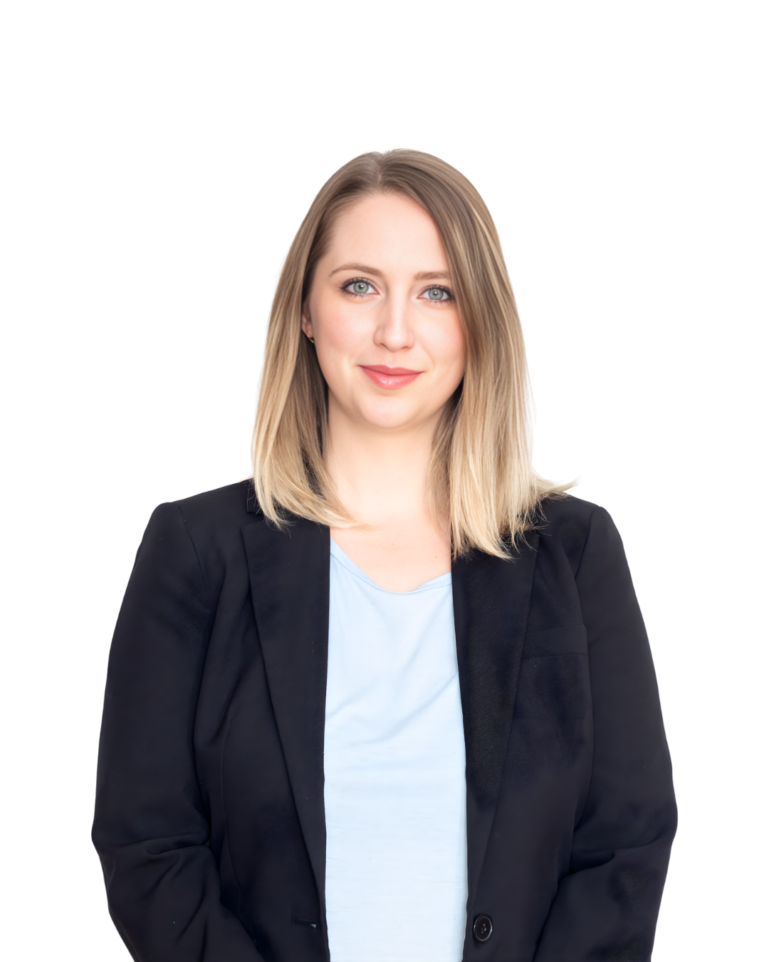 A young woman with shoulder-length blonde hair, wearing a black blazer and light blue top, smiling with a neutral white background.