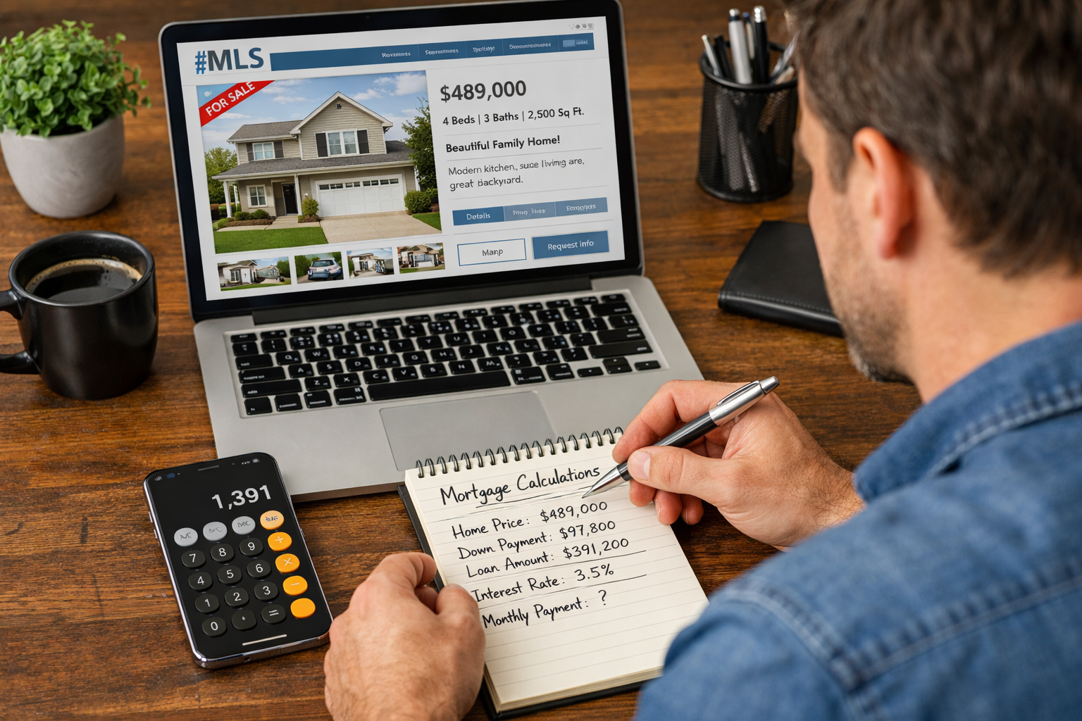 A man in fron of a laptop with a phone calculating mortgage rate