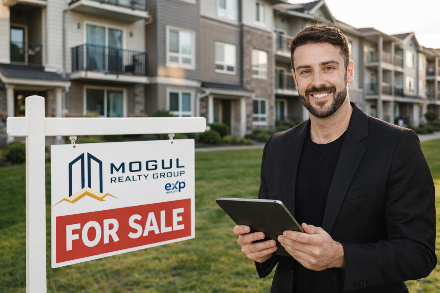 A smiling man in a black blazer holding a tablet, standing next to a 'For Sale' sign outside a residential complex with apartment buildings in the background.