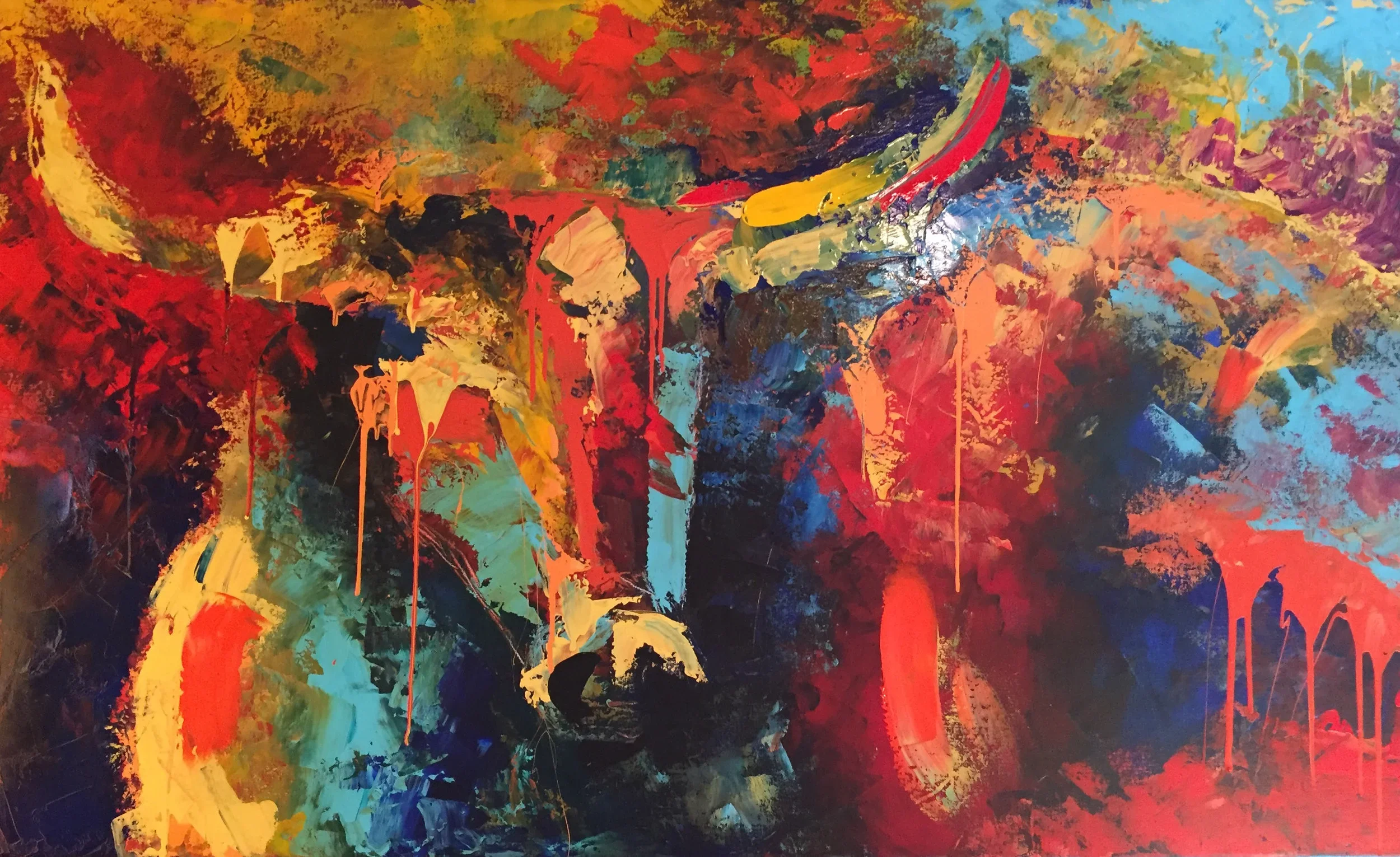 Abstract expressionist painting with vibrant colors including red, yellow, blue, black, and purple, featuring bold brush strokes and drips.