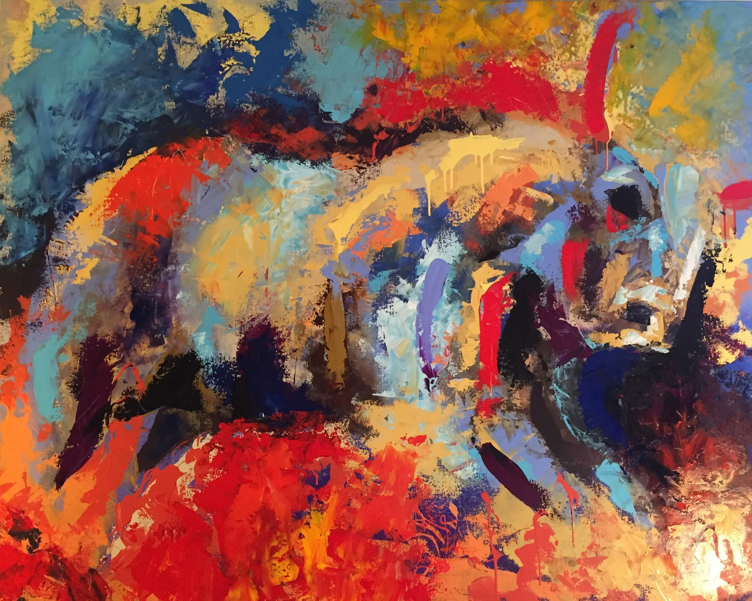 Abstract expressionist painting with vibrant splashes of red, orange, blue, black, and yellow paint.