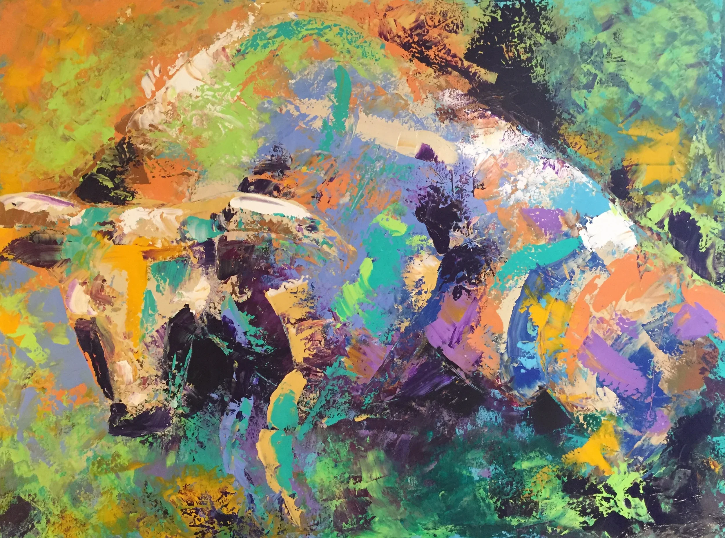 Abstract painting with vibrant splashes of colors including green, purple, orange, black, white, and blue, creating a dynamic and textured composition.