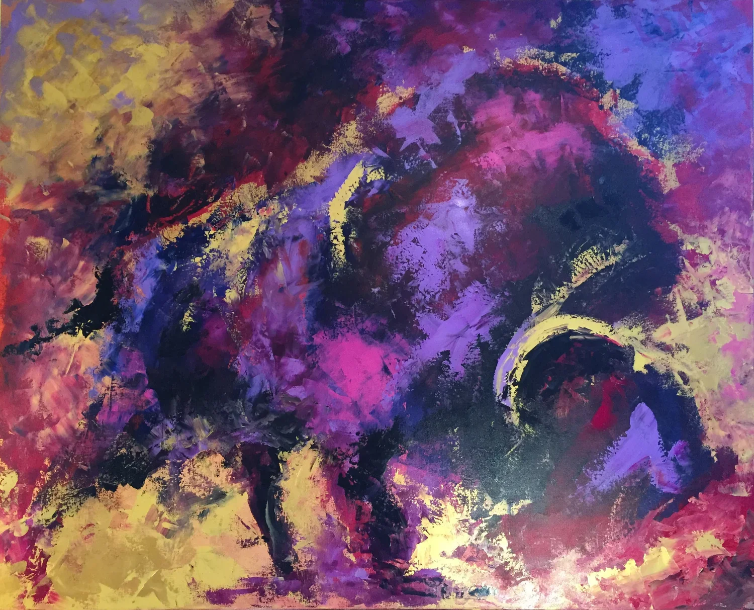 Abstract painting with bold brushstrokes featuring purple, black, red, yellow, and blue colors.