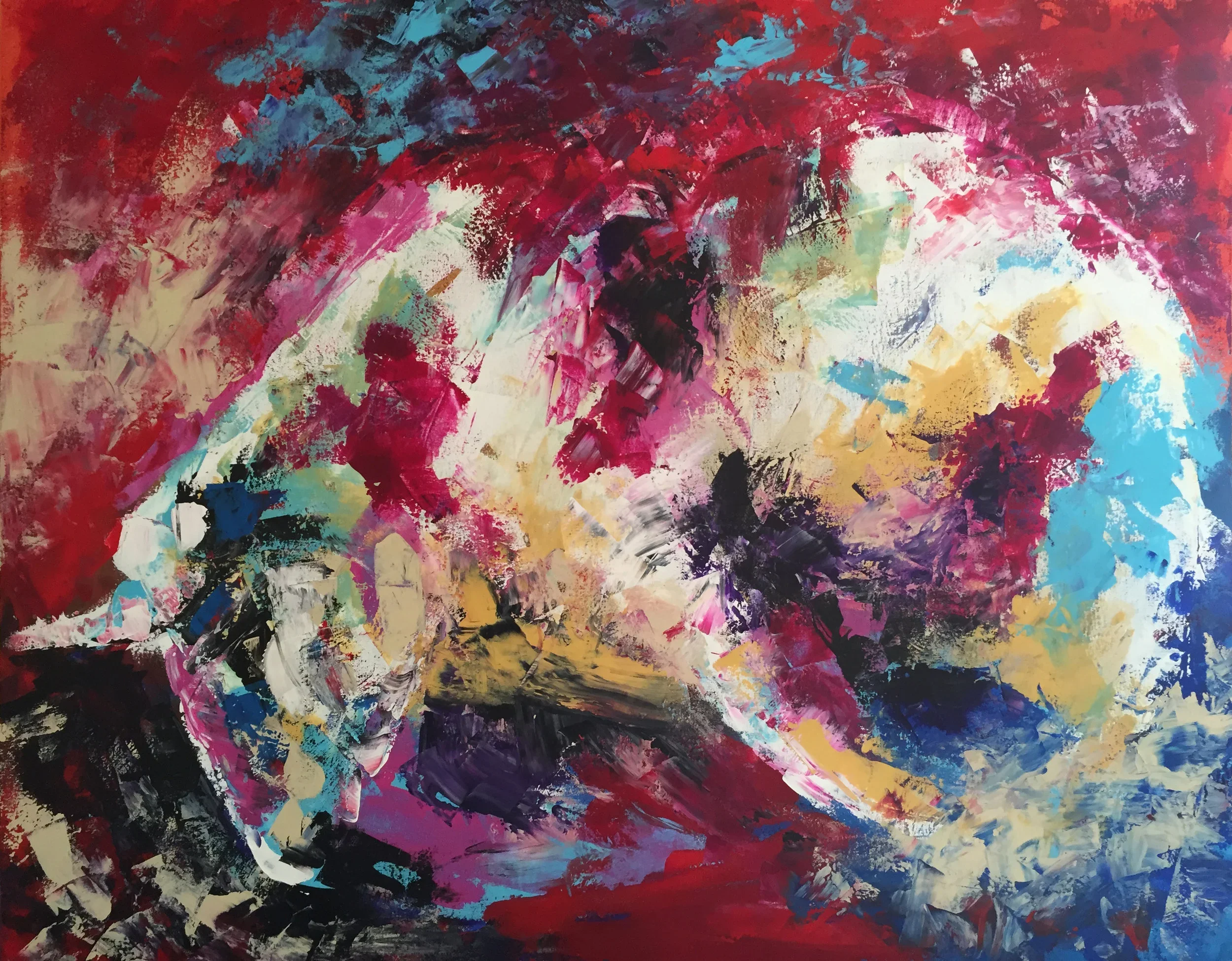 Abstract expressionist painting with bright colors including red, pink, white, yellow, blue, black, and purple. Bold brushstrokes create a dynamic, textured composition.