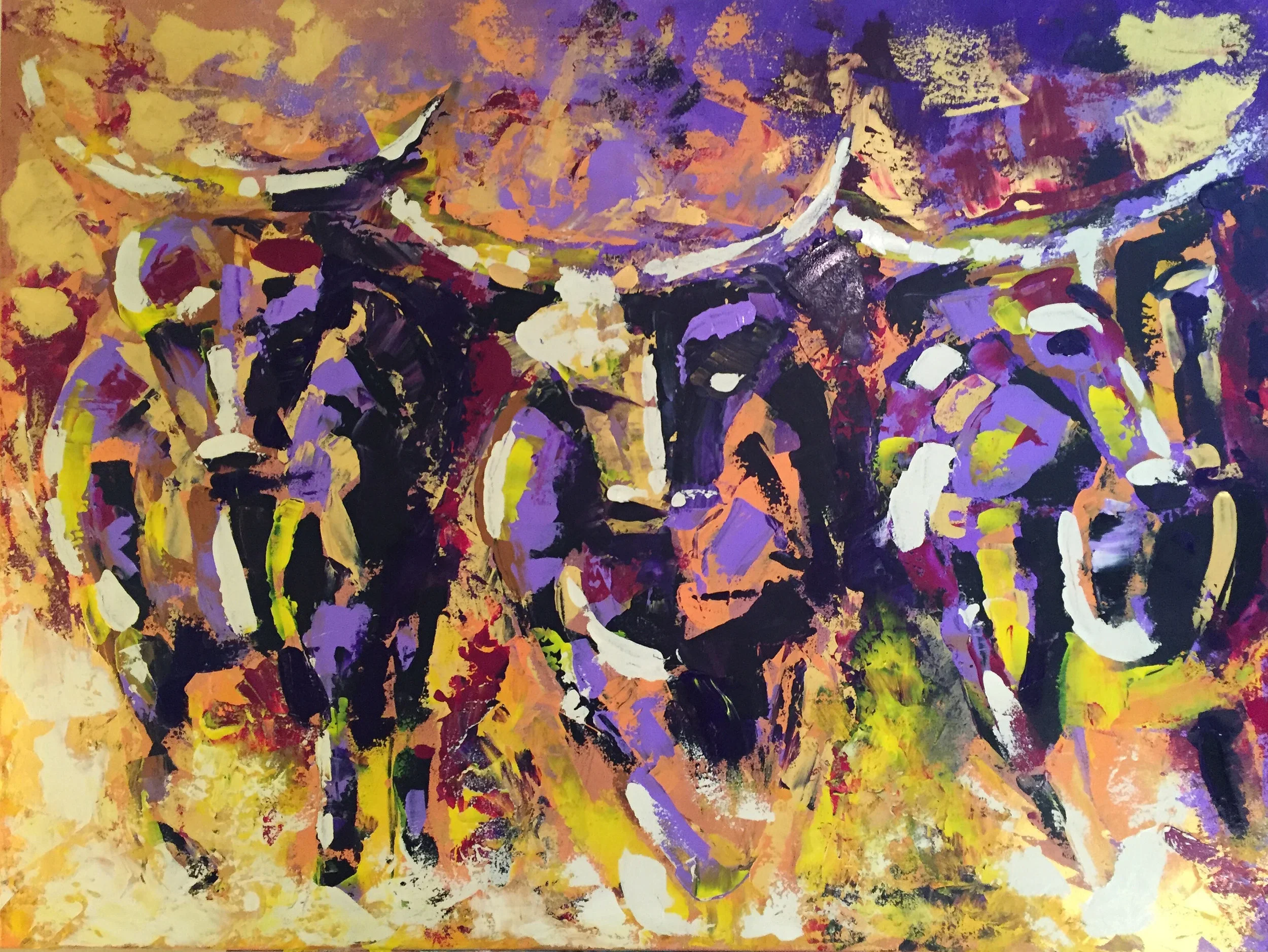 Abstract painting of three cattle heads with prominent horns, composed of bold brushstrokes in purple, black, white, yellow, and red hues.