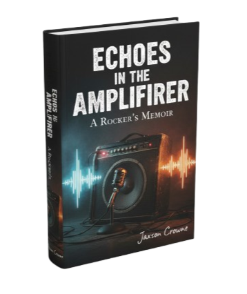 Book titled 'Echoes in the Amplifier: A Rocker's Memoir' with a black cover, featuring a speaker, microphone, and soundwave graphics.