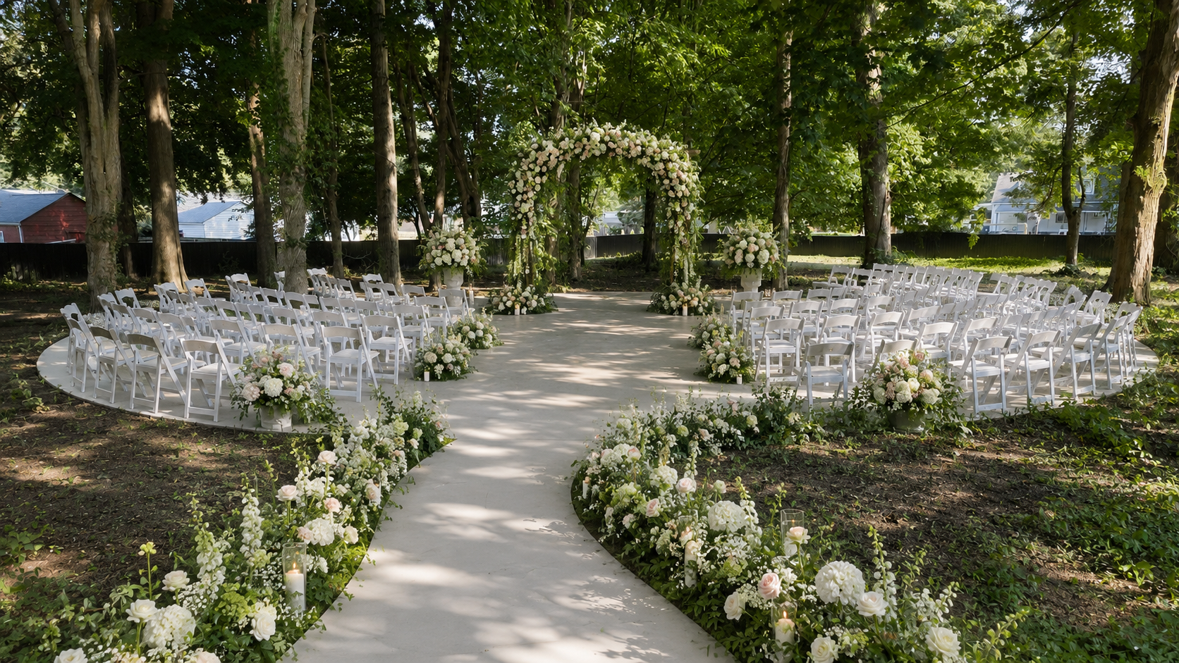 A wedding ceremony setup in an outdoor wooded area with white chairs arranged on either side of an aisle, decorated with white and blush pink flowers and greenery, leading to an arch covered with white and blush flowers.