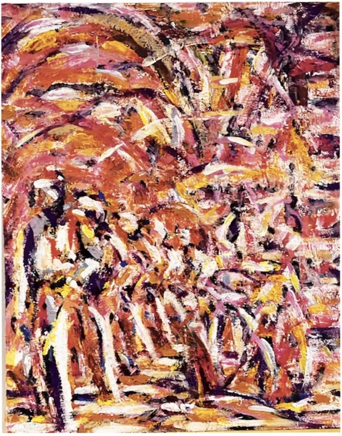 Abstract painting with vibrant strokes of pink, orange, yellow, black, and white colors.