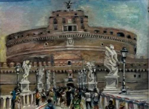 Painting of the Roman Colosseum with people walking in front, some statues, and streetlamps.