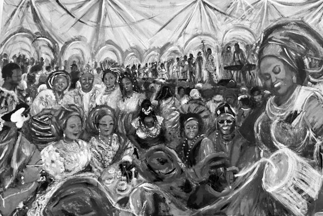 A black and white mural depicting a lively celebration with people in traditional attire, some playing musical instruments, and others dancing inside a large tent.