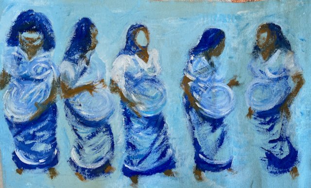 Painting of five women wearing traditional dresses, standing side by side with their hands on their bellies.