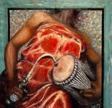 A person wearing a red dress and holding a pitcher of water, with part of their arm and hand visible, surrounded by a green picture frame.