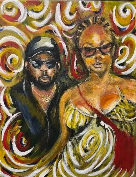 Painting of a man and woman with sunglasses against a colorful swirling background.