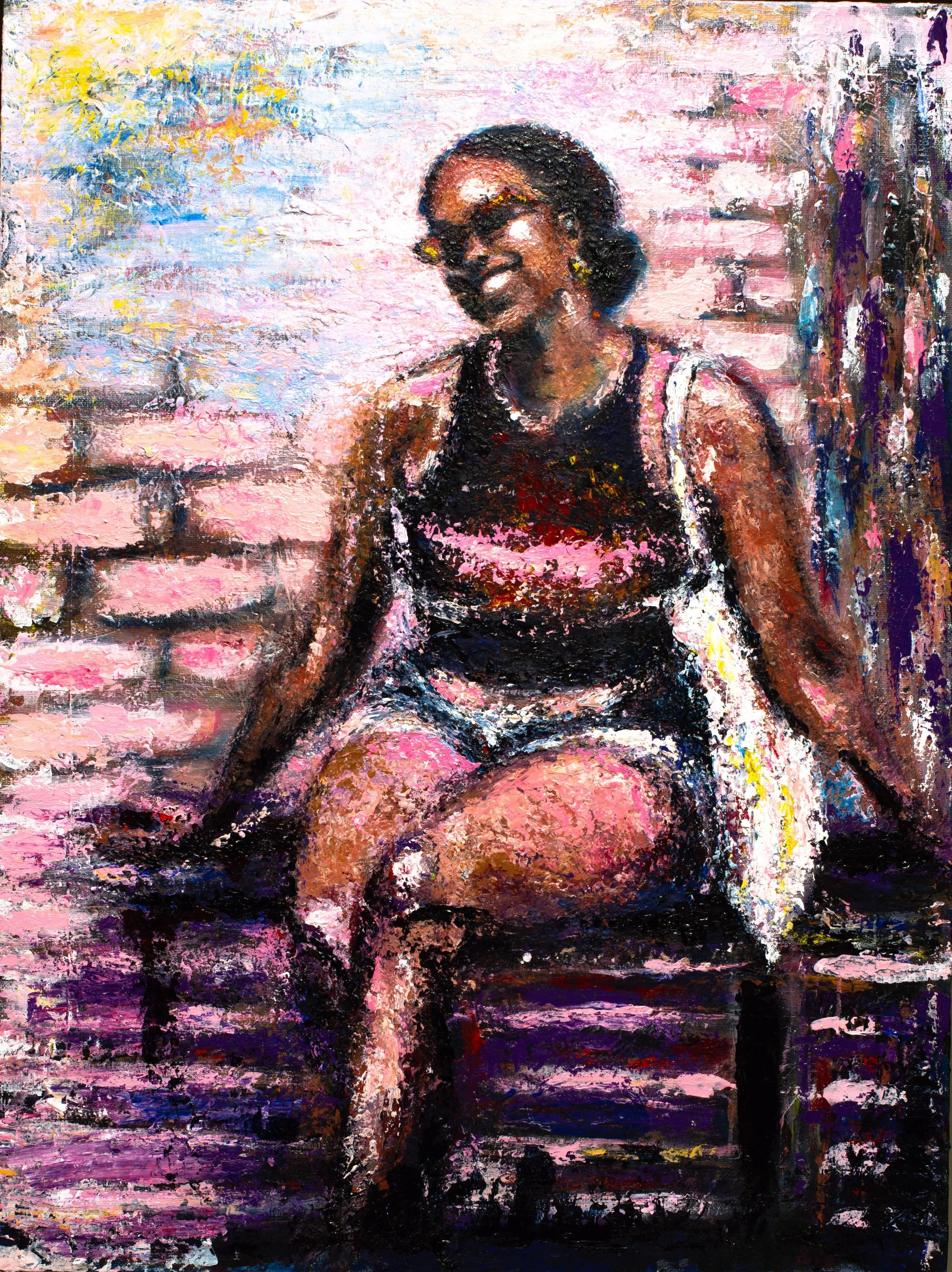 An impressionistic painting of an African American woman smiling, sitting on a bench with a draped cloth, wearing glasses, a tank top, and shorts, with a pink brick wall in the background.
