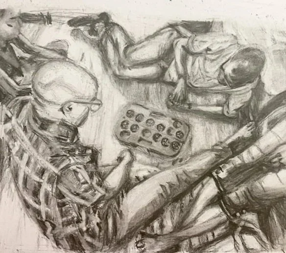 Sketch of a family gathered around a table, with children, wearing glasses and casual clothing, in a cozy indoor setting.