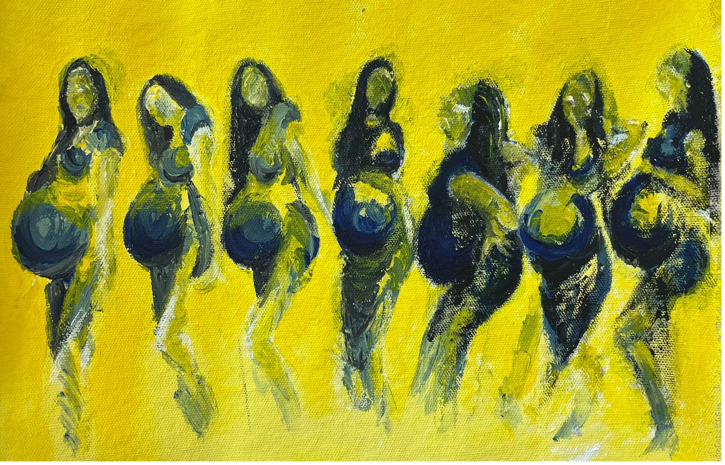 A painting of women standing in a line on a yellow background, depicted with loose brushstrokes and abstract features.