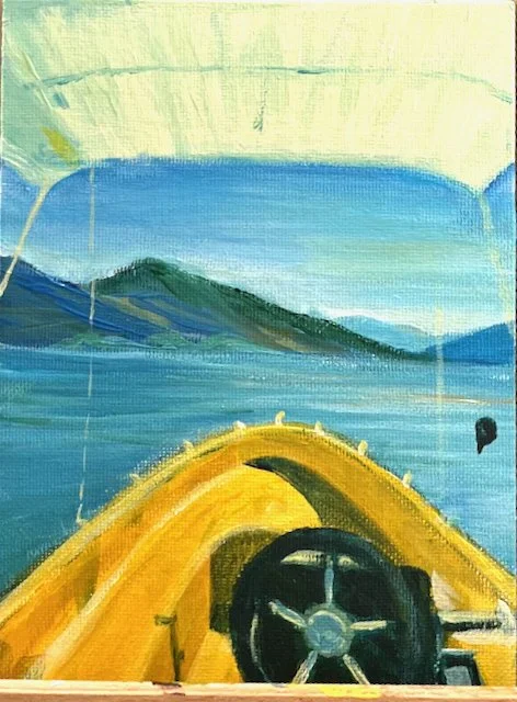 Painting of a boat on water with mountains in the background, viewed from the boat's bow.