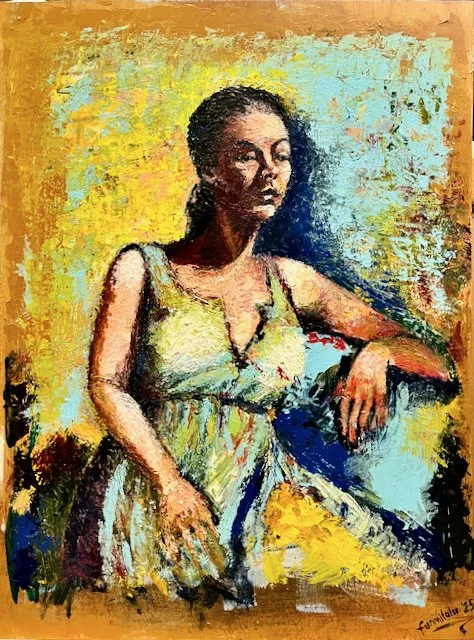 An impressionist painting of a woman sitting with one arm resting on a chair, wearing a light-colored dress, against a bright yellow and turquoise background.