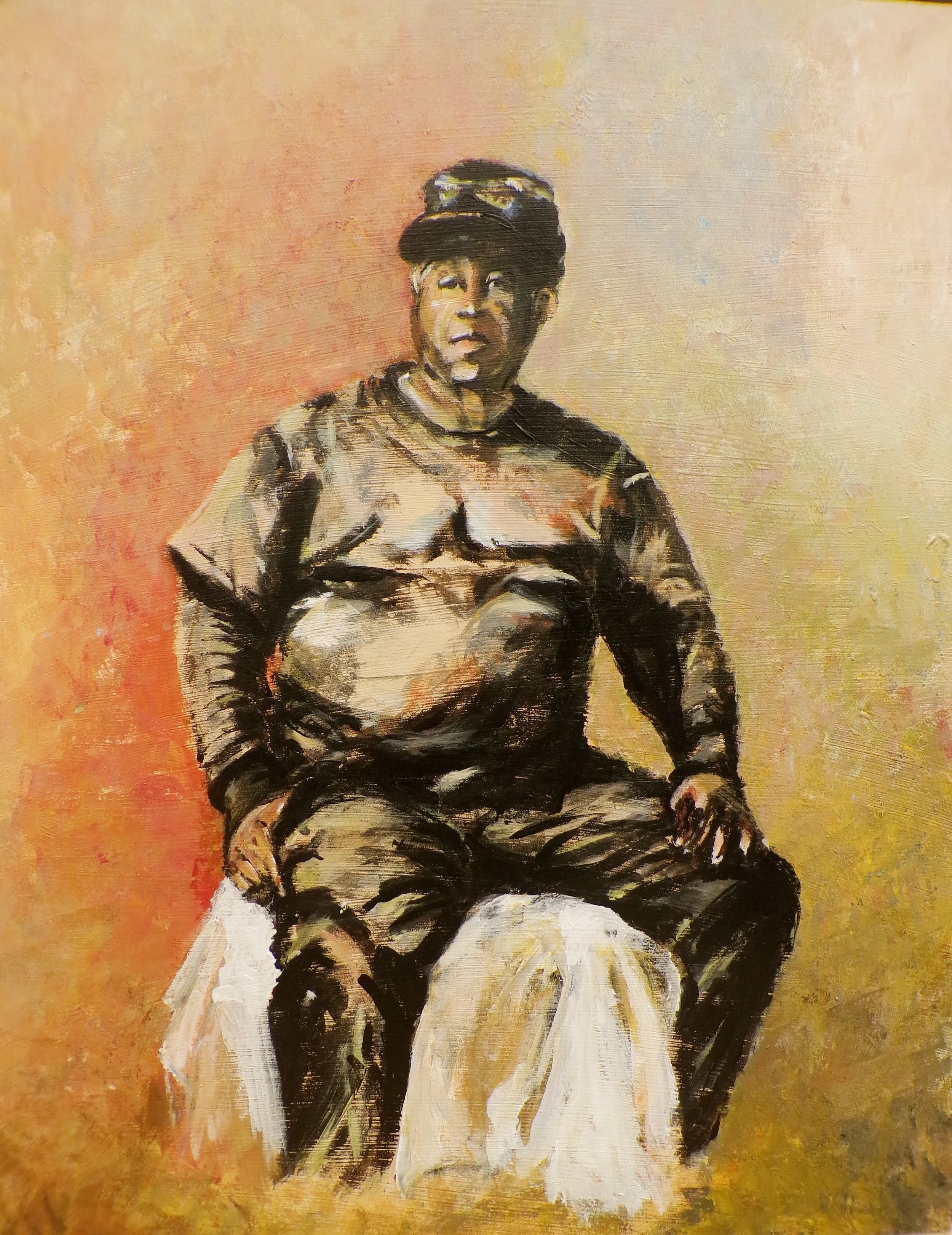 An oil painting of a woman sitting on a stool with a cloth draped over it, wearing a cap and casual clothing, set against a warm, textured background.