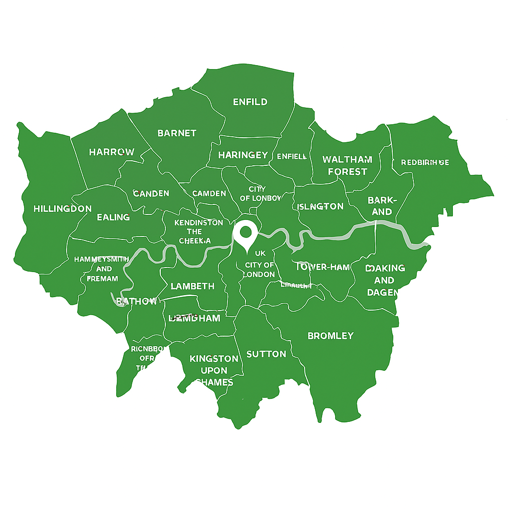 Map of London boroughs, each labeled with its name, showing how the boroughs are geographically arranged.