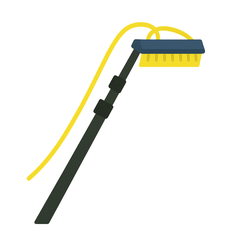 Illustration of a yellow floatation device with a black mounting arm and a blue cover.