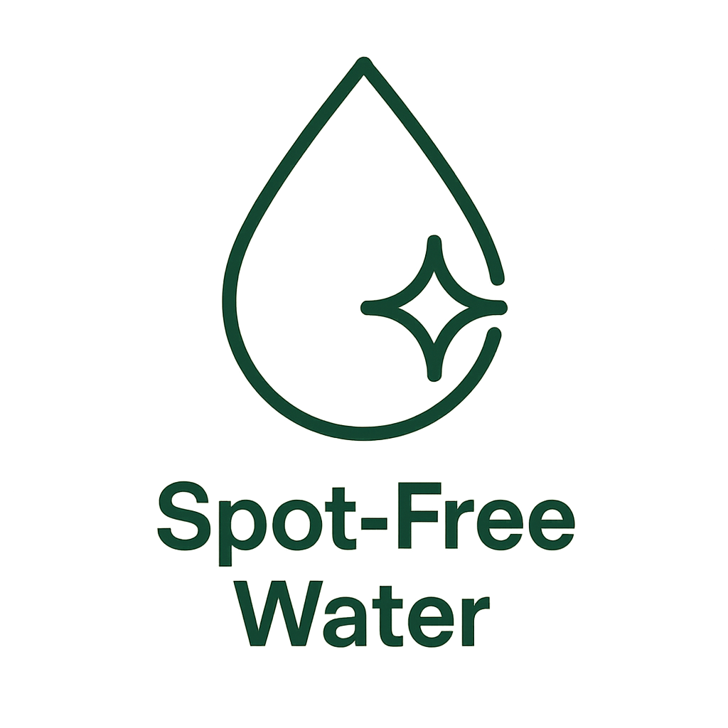 A logo with a water droplet and a spark inside, with the text "Spot-Free Water" below.