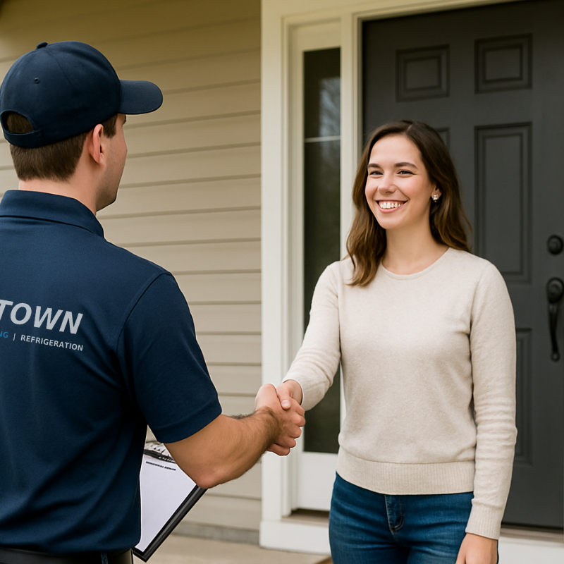 A woman smiling and shaking hands with a man wearing a uniform outside her house.