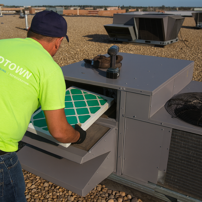 A technician in a bright green shirt installing an air filter on a rooftop HVAC unit.