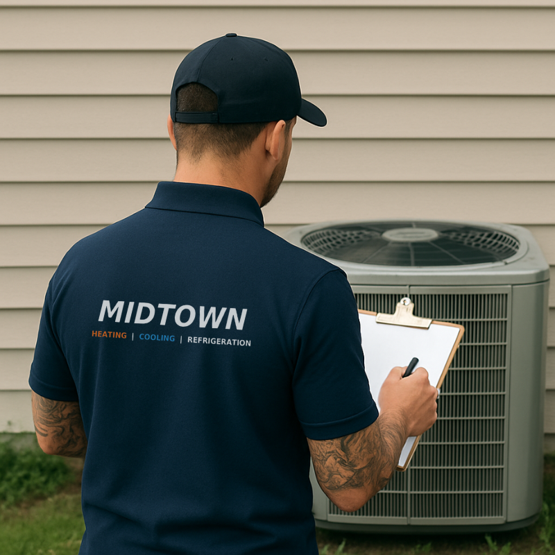 A technician in a navy uniform and baseball cap, writing on a clipboard outside next to an air conditioning unit, with house siding in the background.