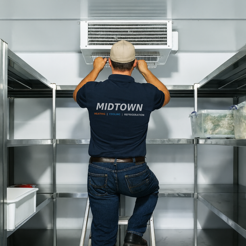 A technician standing on a step ladder working on an air conditioning unit in a storage room