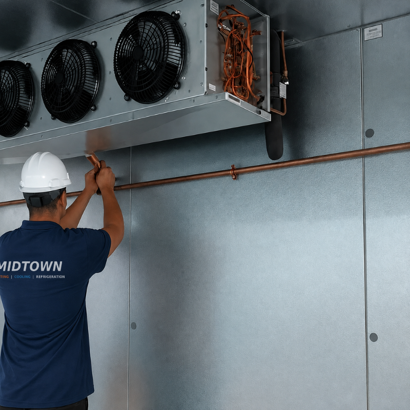 A technician wearing a white hard hat and a blue shirt working on or inspecting a HVAC system's copper pipe in an industrial setting.