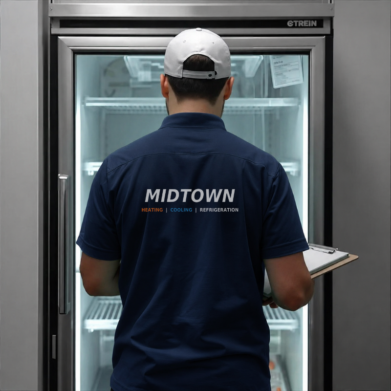 A person wearing a navy shirt and a white cap is looking into a commercial refrigerator. The back of the shirt has the word 'MIDTOWN' and words 'HEATING', 'COOLING', and 'REFRIGERATION' printed on it.