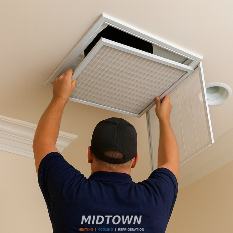A person installing or removing a ceiling air vent or filter in a ceiling.
