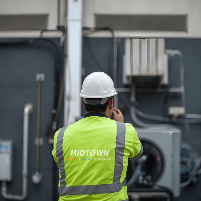 A worker in a yellow safety vest and white hard hat talking on a walkie-talkie near industrial equipment.
