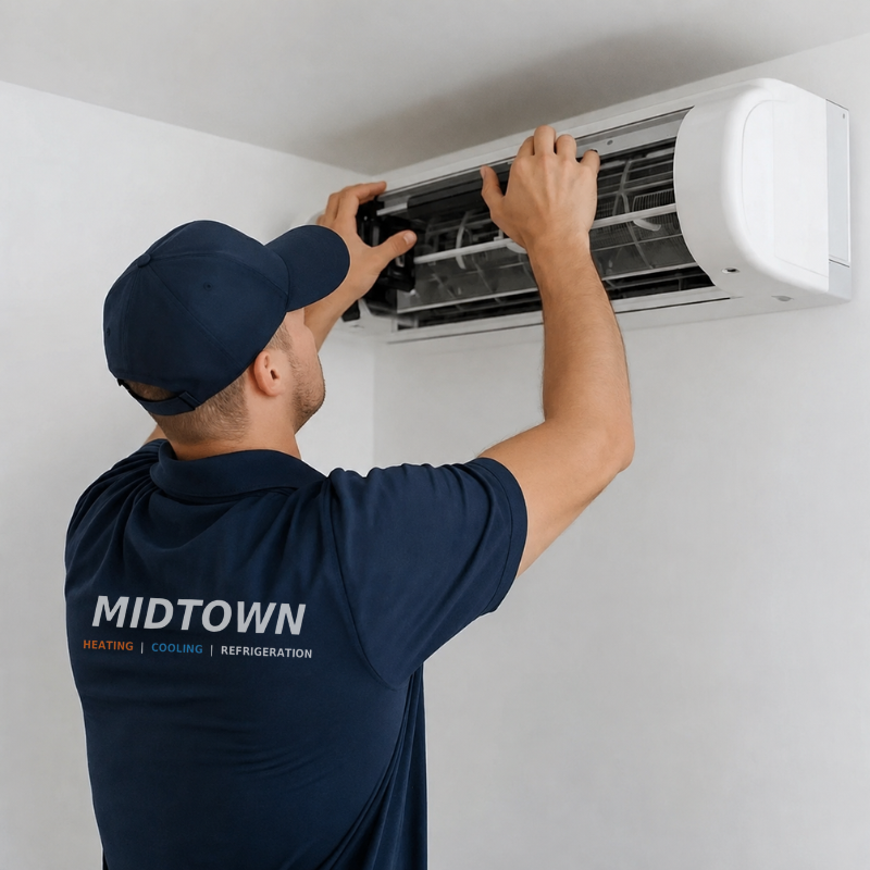 A repair technician servicing a wall-mounted air conditioner unit.