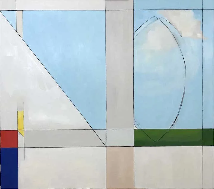 A View from the Shinkansen 
56” x 50” 
2017 
Oil on canvas 
   

Original large-scale geometric abstract oil painting on canvas by Matthew Padilla featuring structured architectural grids in light blue, soft grey, green, and red with subtle linear ar